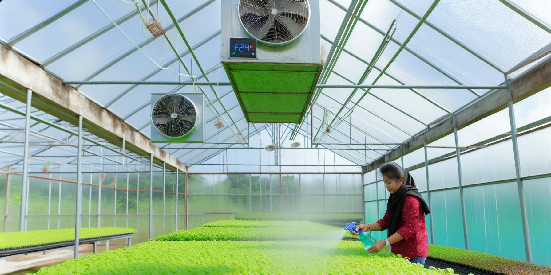 A photo of a person carefully misting lush, green seedlings in a well-lit greenhouse with ventilation fans and a thermometer visible.