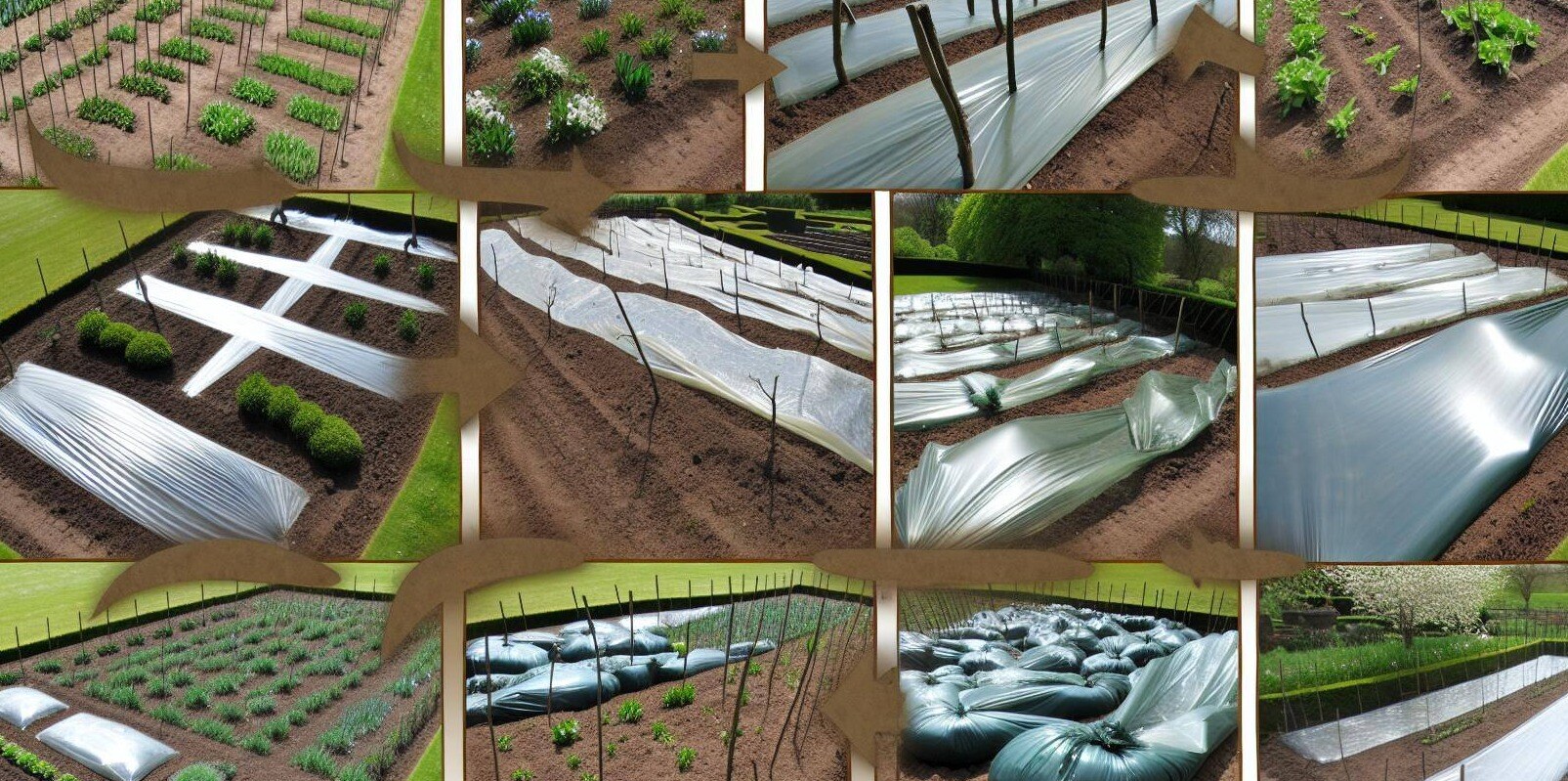 Plastic sheeting used in garden for weed control and root barriers