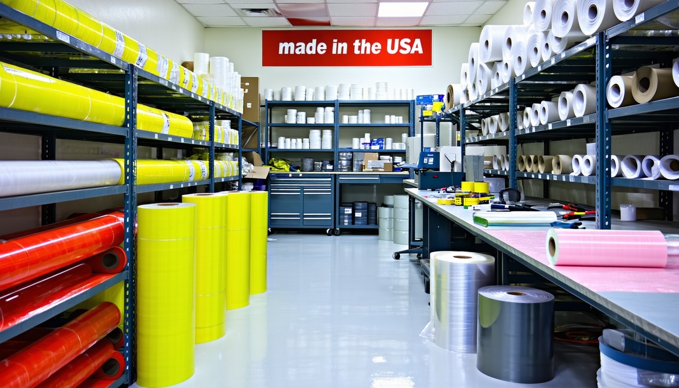 Made in the USA The image depicts a wellorganized workspace dedicated to the aerospace industry filled with various types of plastic sheeting and protective materials Brightly colored rolls of fireretardant films and anticorrosion shrink wraps are ne-1