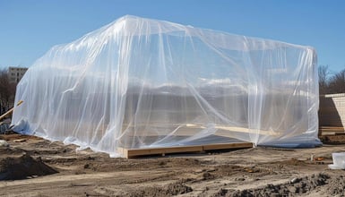 The image depicts a construction site enveloped in a temporary enclosure made of clear plastic sheeting