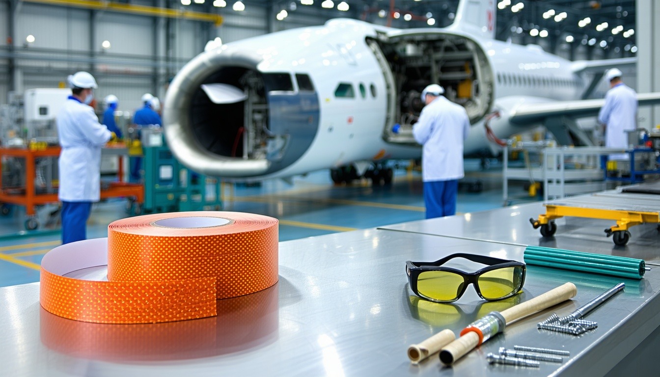 The image depicts a detailed workspace in an aerospace manufacturing facility In the foreground a roll of fireretardant tape is prominently displayed on a clean metallic workbench showcasing its textured surface and vibrant colors indicative of its s-1