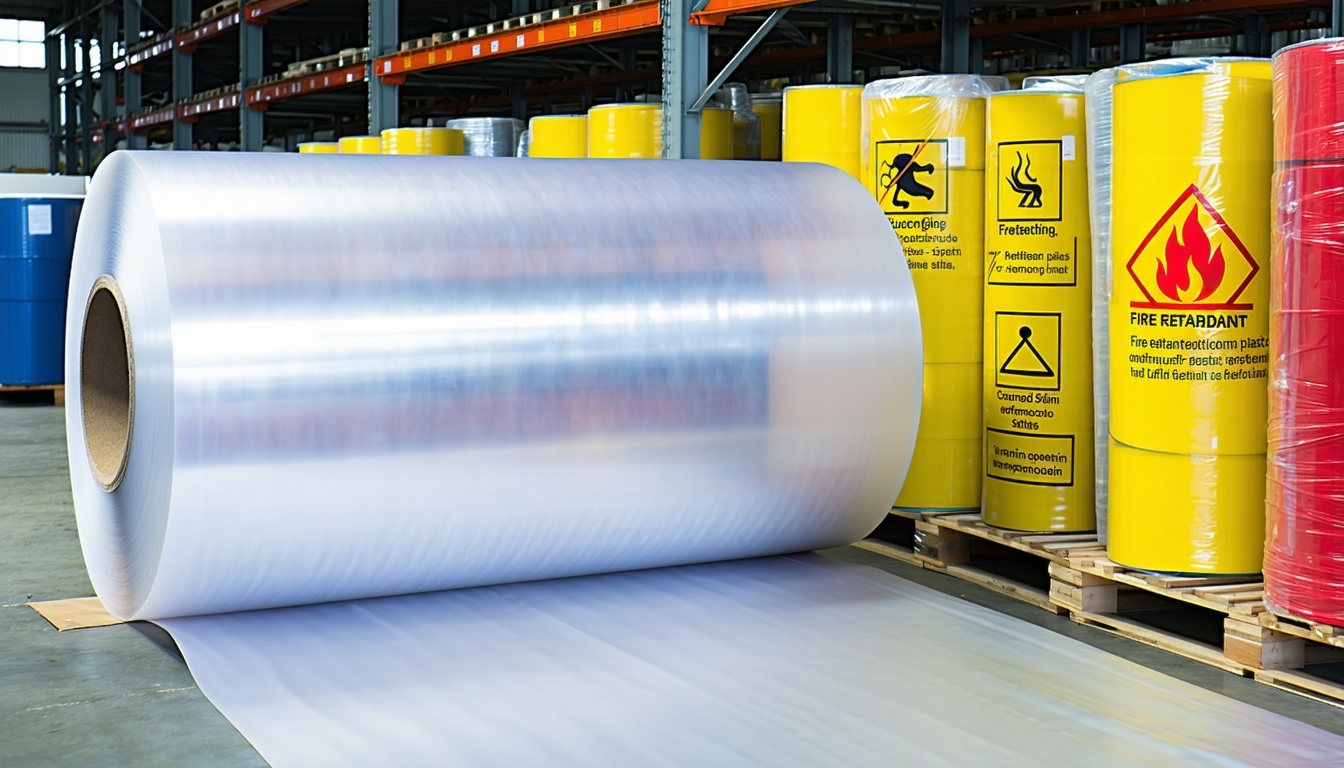 The image depicts a large roll of fire retardant plastic sheeting prominently displayed in a welllit warehouse setting The sheeting made of a translucent material with a subtle sheen showcases its robust texture reinforced with scrim for added durabi