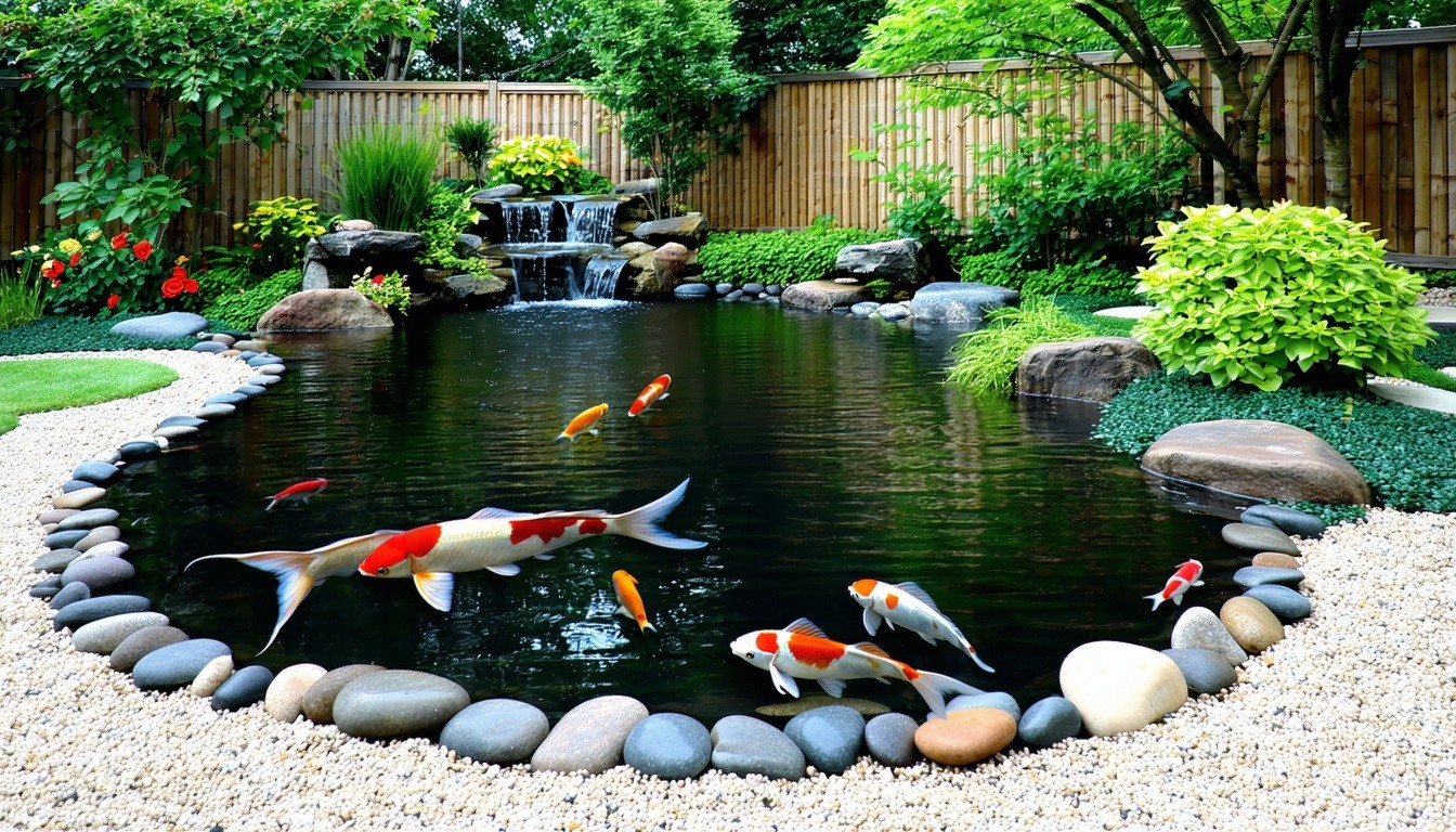 The image depicts a serene backyard setting with a newly installed pond surrounded by lush greenery The pond features a dark shimmering surface reflecting the blue sky above bordered by smooth stones that create a natural look A flexible polyethylene-1