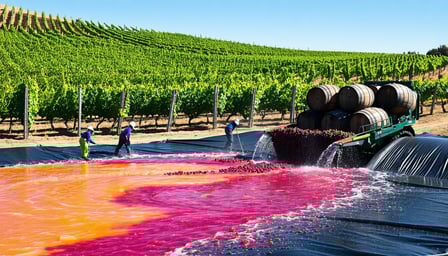 The image showcases a vibrant vineyard during harvest season with rows of lush green grapevines heavy with ripe clusters of grapes In the foreground a busy crush pad is depicted where workers are actively washing andWineries & Vineyards – Crush Pad Runoff Control  with HDPE Liner  760 597 9298