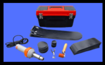 Ultra- Berm Repair Kit-Kit includes: (1) Tool Box, (1) Heat Gun – 110 volt, (1) Hand Roller, (4) replacement handles, (50) each of the following: 2” round patches, 4” round patches, 4”x12” patches.